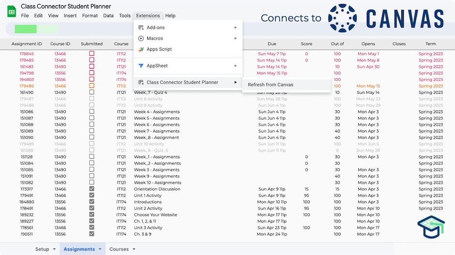 Canvas Connector Student Planner for Google Sheets